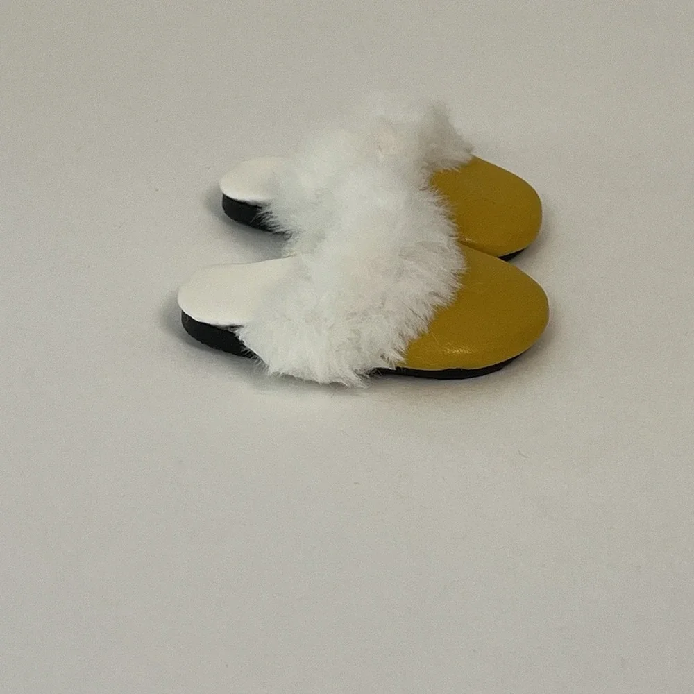 Doll Slippers Yellow Mules‎ Faux Fur Trim Shoes Miniature Collectible